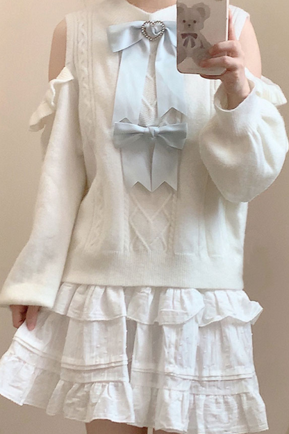 Sweet girly ribbon white aqua top