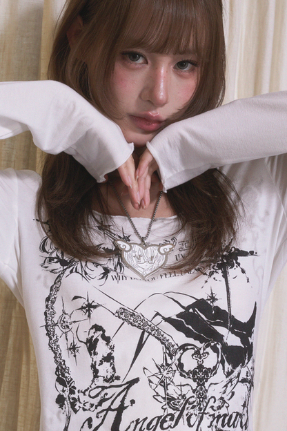 ブロークンエンジェルプリントドロップショルダートップス