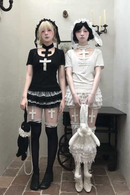 Gothic-Stil Kreuz-T-Shirt + Kreuzkragen + Kürbishose
