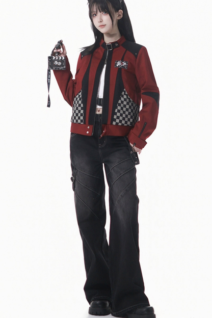 チェッカーボードオートバイジャケット+スウェット+デニムパンツ