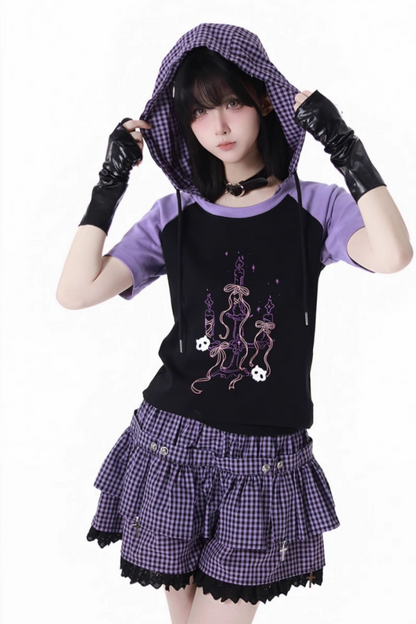 パープルグリッドカラーブロックトップス+フードトップス+パンツ+レッグウォーマー