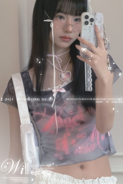 Bunny Cake Print Ash Sheer Mesh Slim Top