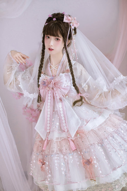 사쿠라 스위트 차이나 로리타 셔츠 + 목걸이 + 리본 + 베일 + 클립