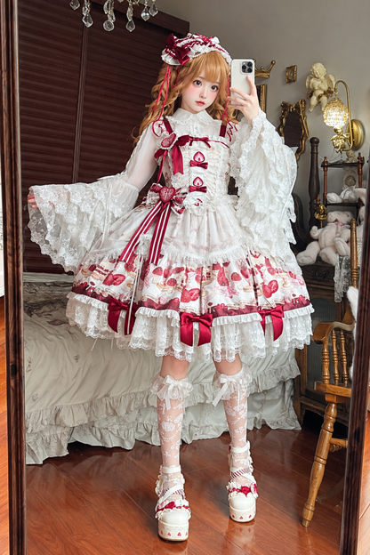 【11月4日予約締切】Strawberry Print Sweet Lolita Lace Bow JSK Dress + Puff Sleeve Lace Bow Doll Dress with Bone Embroidery Apron