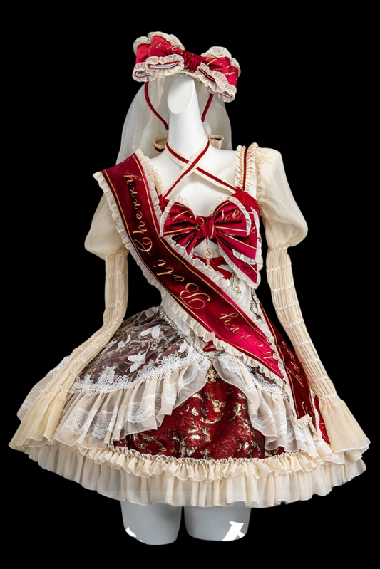 スイートバロックロリータドレス+ベール+リボン+カチューシャ+テール+スリーブ