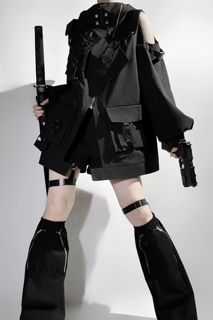 ダークフードジャケット+ショートパンツ+レッグカバー