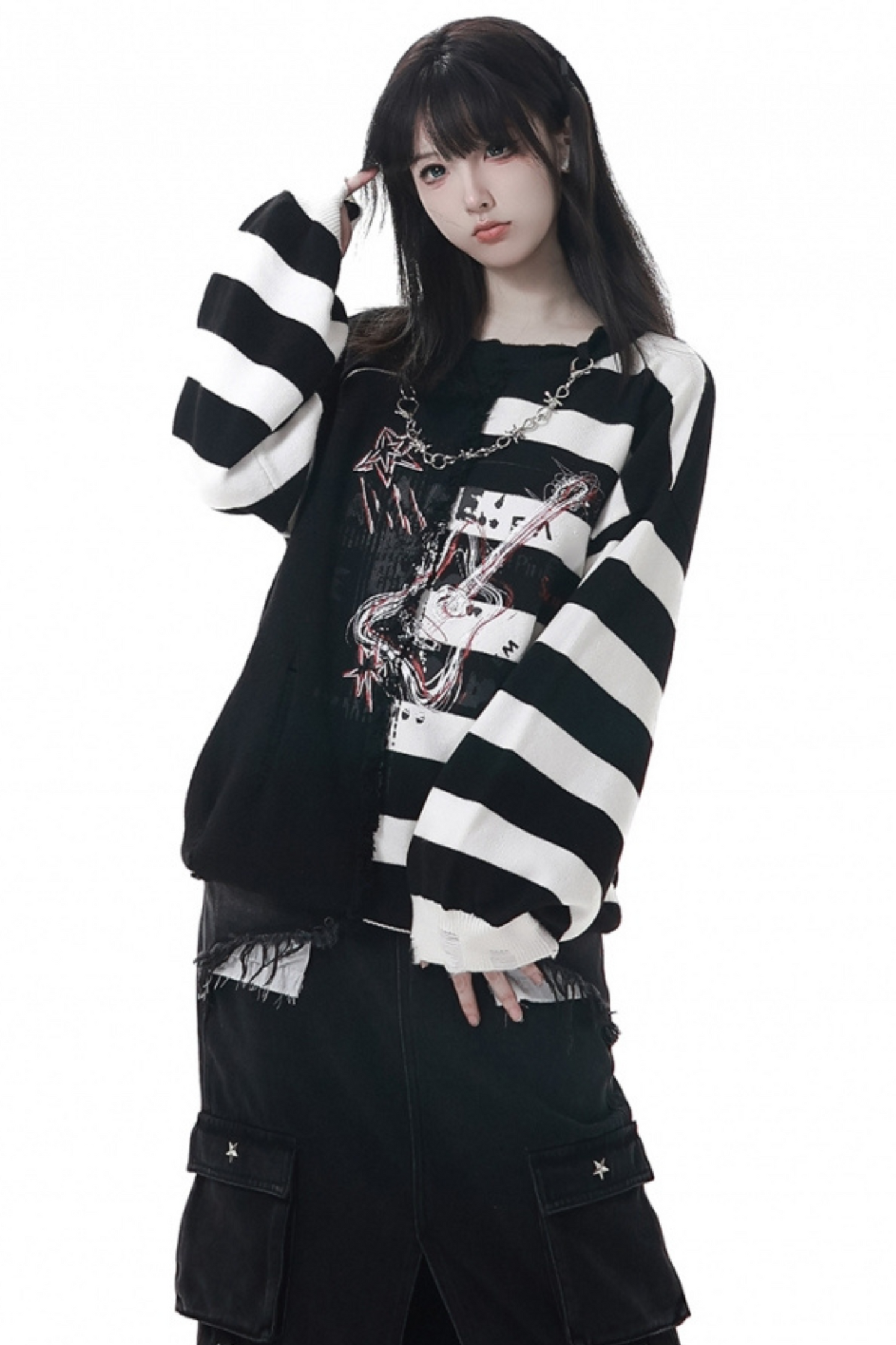 アシメボーダーセーター+デニムスカート