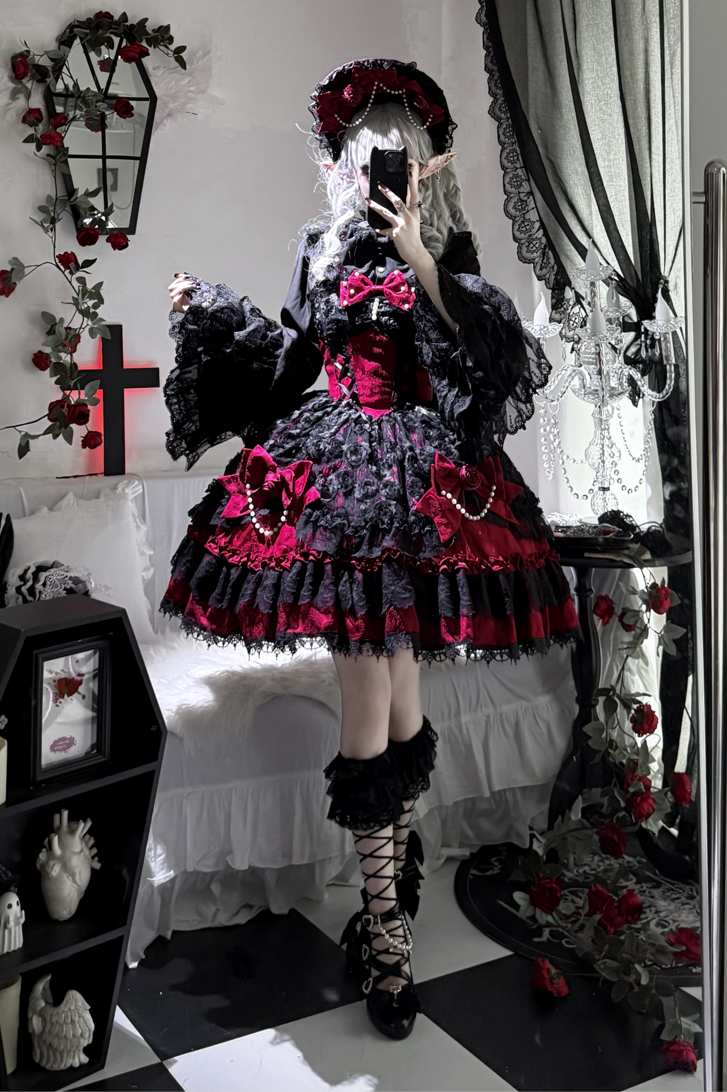 ローズフリルプリンセスジャンパースカート+バッグリボン+ボンネット