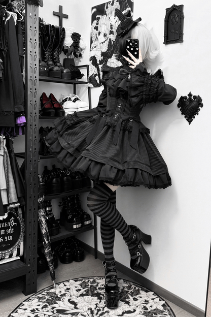 ムーンストライプゴシックジャンパースカート+ウエストリボン+バックリボン