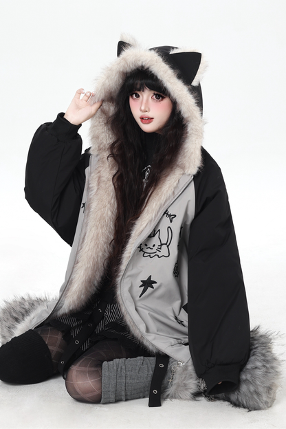Cat Ear Bicolor Fur Jacket