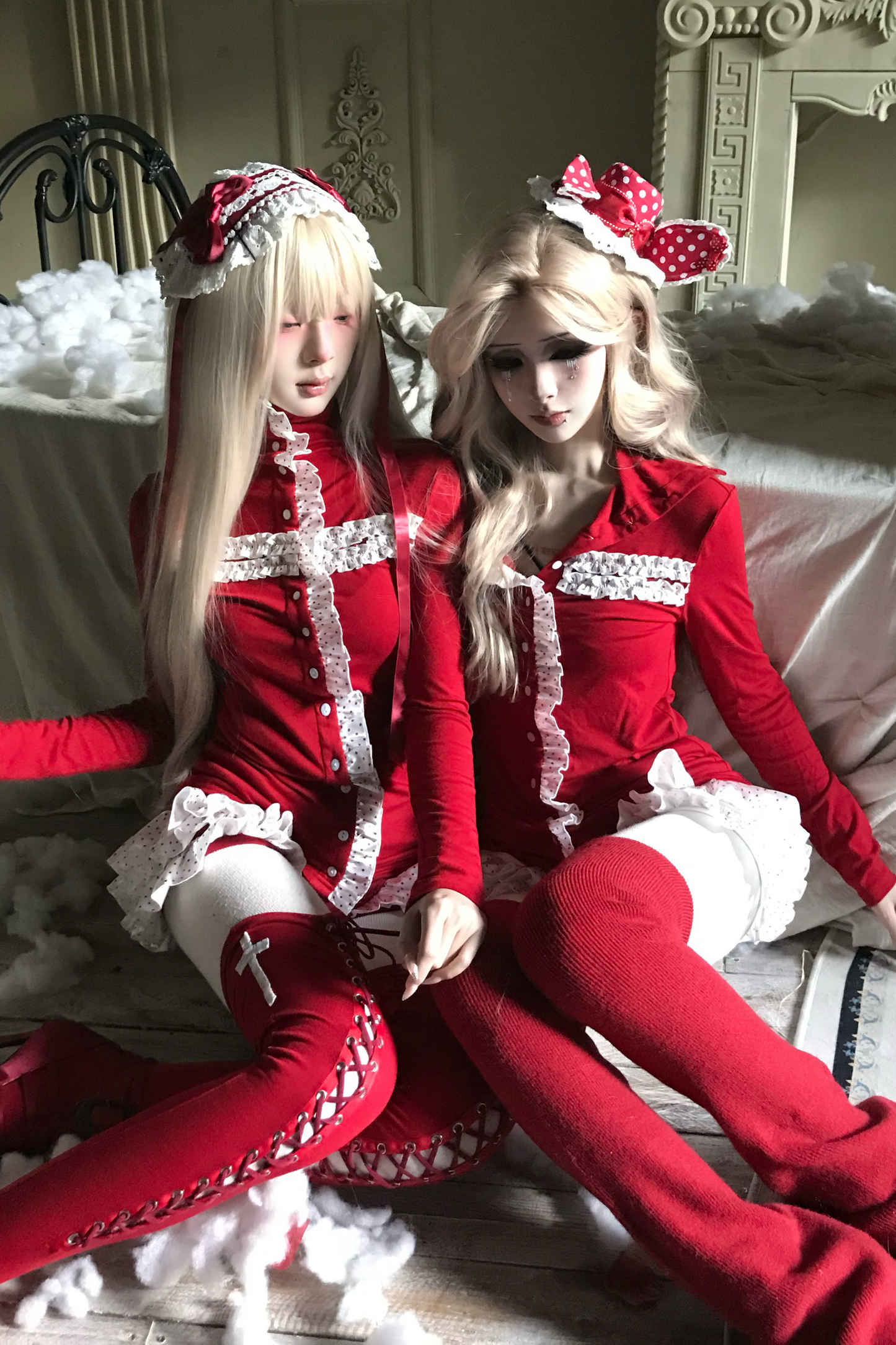 レースクロスタートルネックトップス+レースショートパンツ