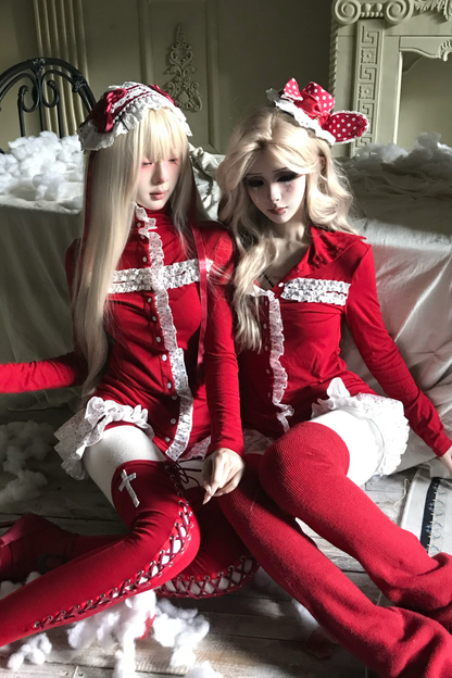 レースクロスタートルネックトップス+レースショートパンツ