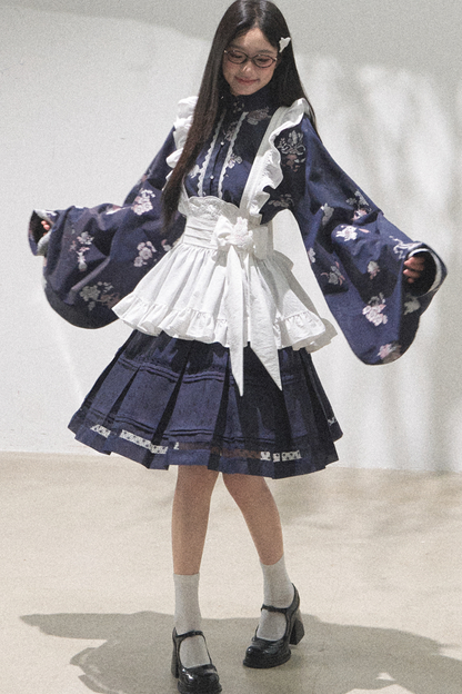 レトロスタンドカラーショートトップス+ミディアムスカート