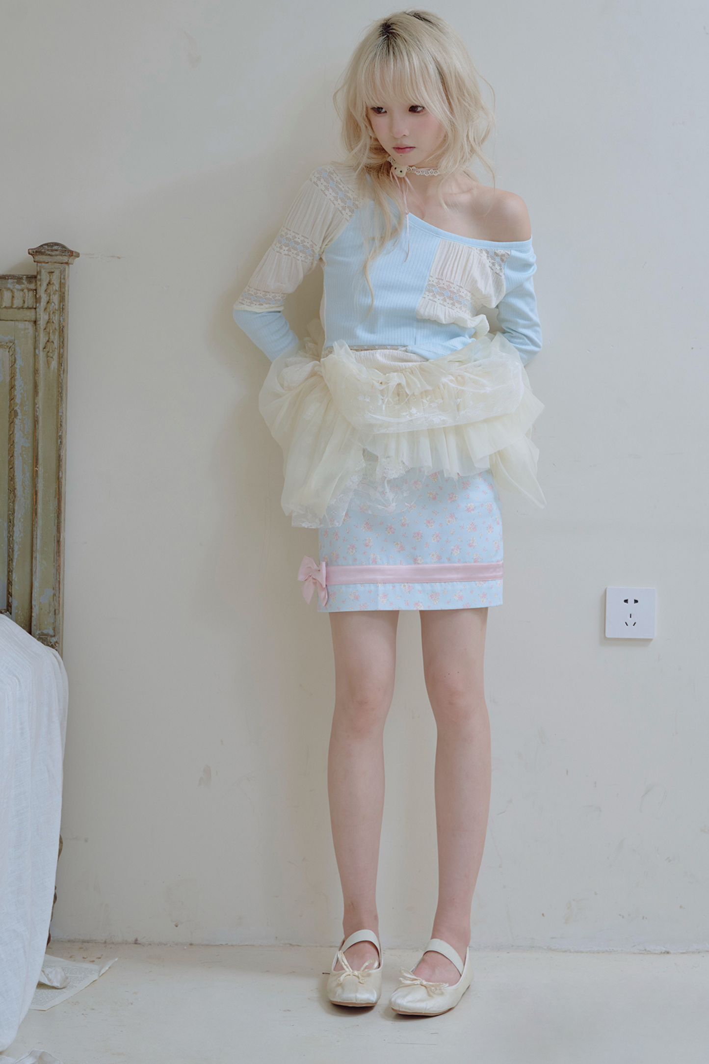 パッチワークデザインクルーネックトップス