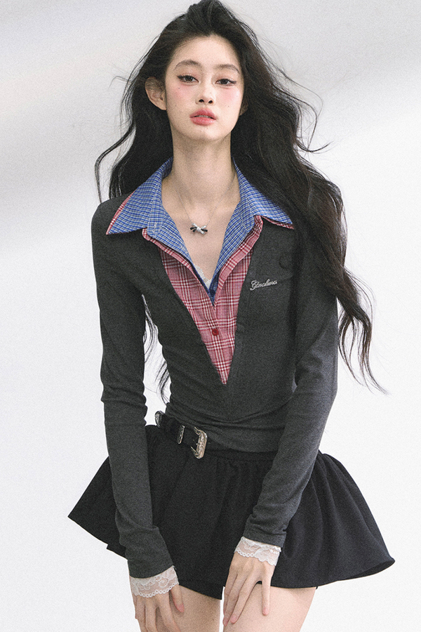 French overcheck slimming design top