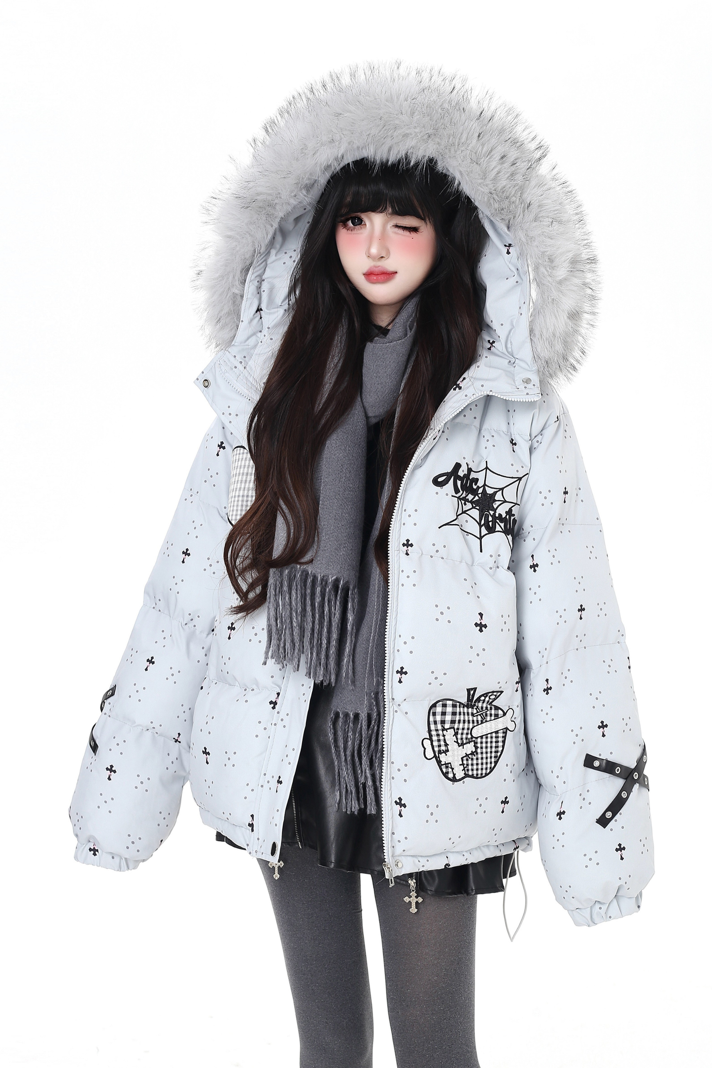 Dark rabbit design fur hooded jacket