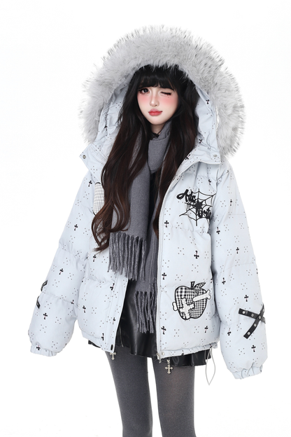 Dark rabbit design fur hooded jacket