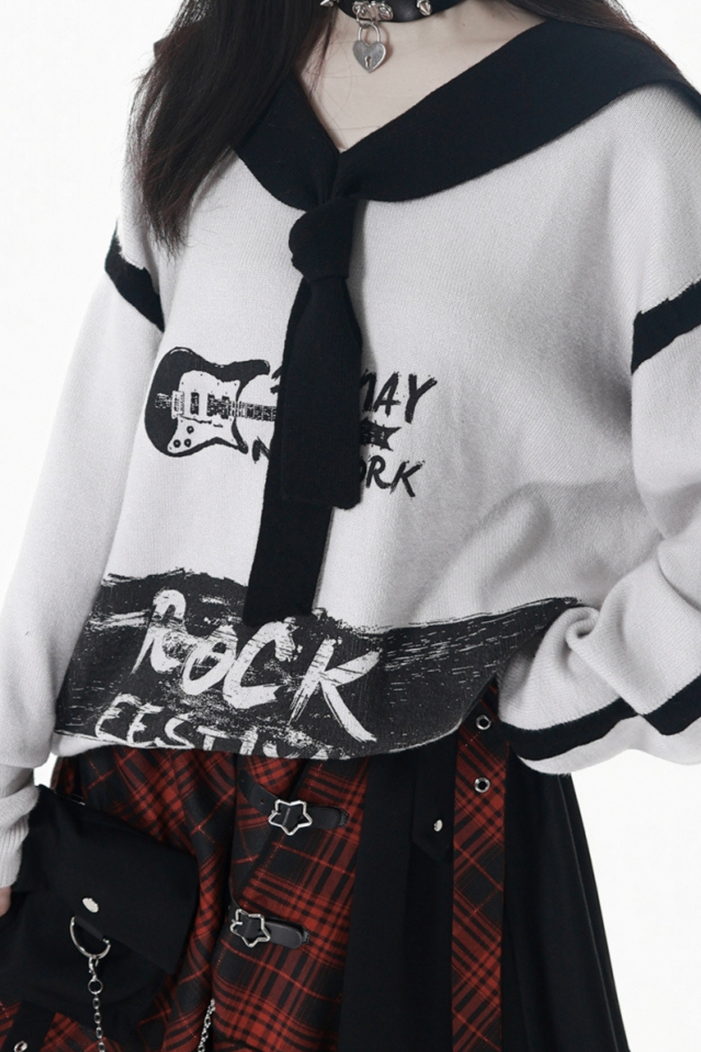 Dark Loose Sweater + Checked Asymmetrical Skirt