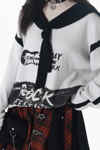 Dark Loose Sweater + Checked Asymmetrical Skirt