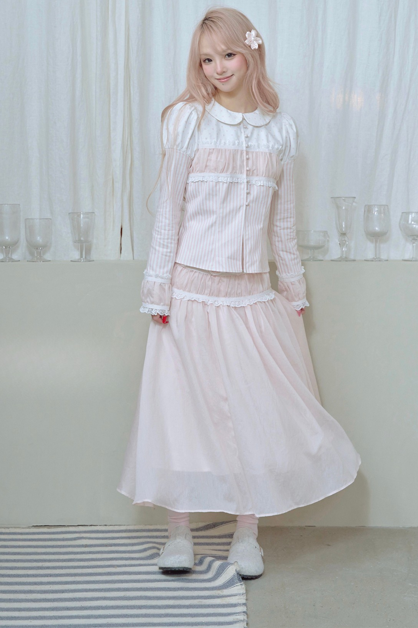 ストライプドールカラーパフスリーブシャツ