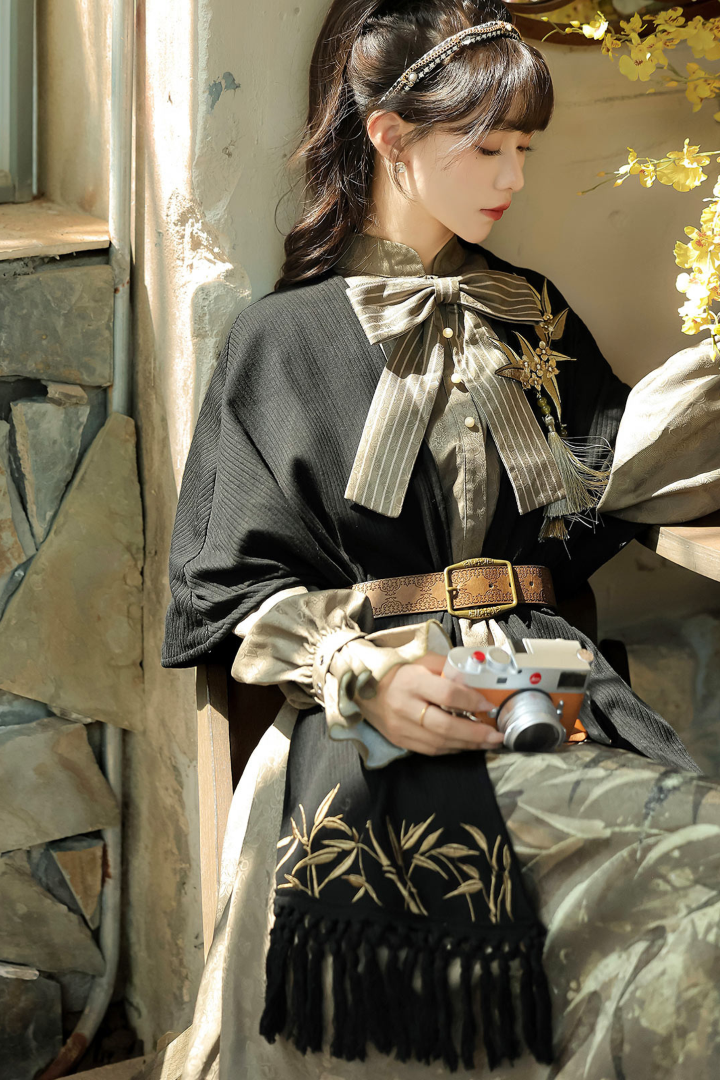 Chic Dark China Print Dress + Shawl