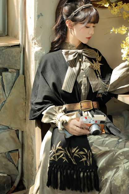 Chic Dark China Print Dress + Shawl