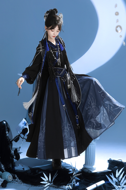 Dark china hooded top + belt + cape + necklace + skirt