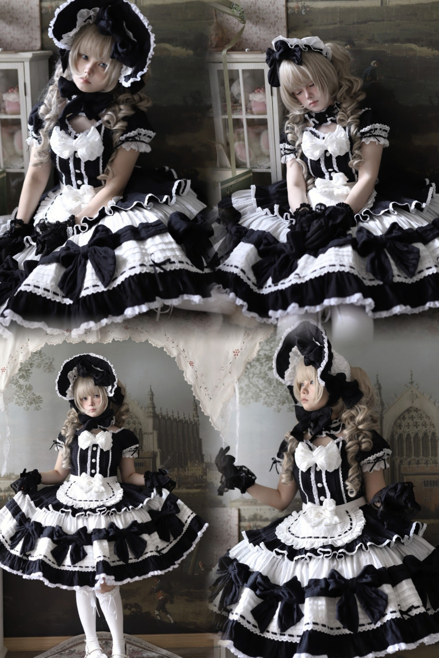 モノクロドールロリータドレス+カチューシャ+ボンネット+クリップ