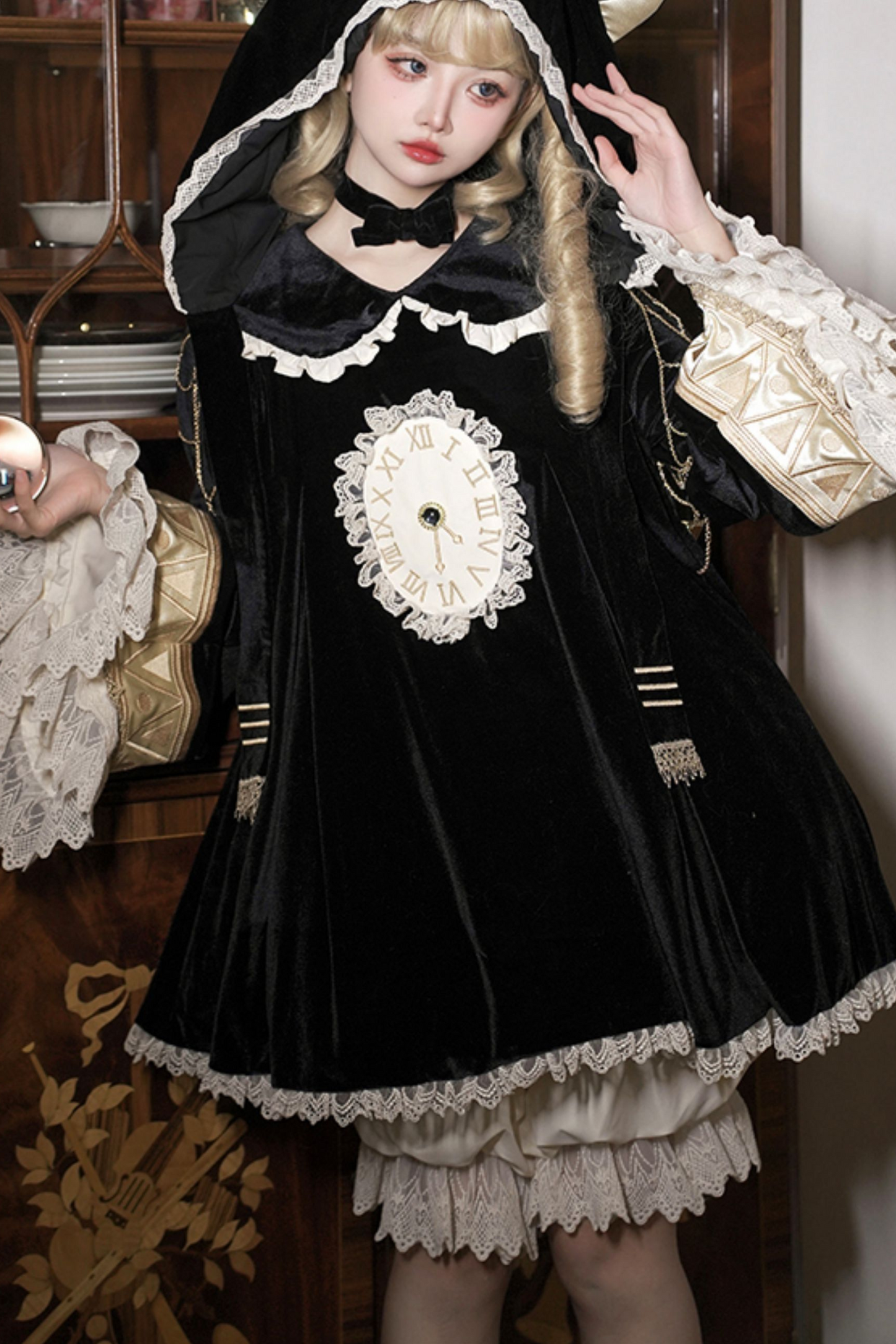 黒猫フリルクロックロリータドレス+パンプキンパンツ