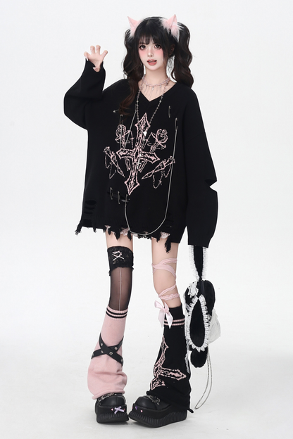 ゴシックライトアジアンVネックニッチルーズセーター