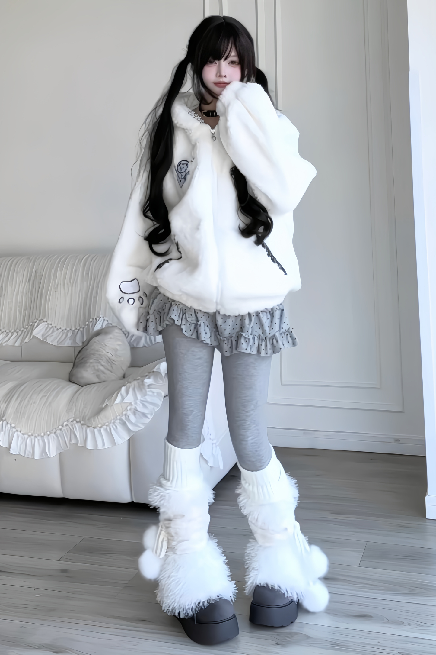 Rabbit Ear Fur Hooded Coat