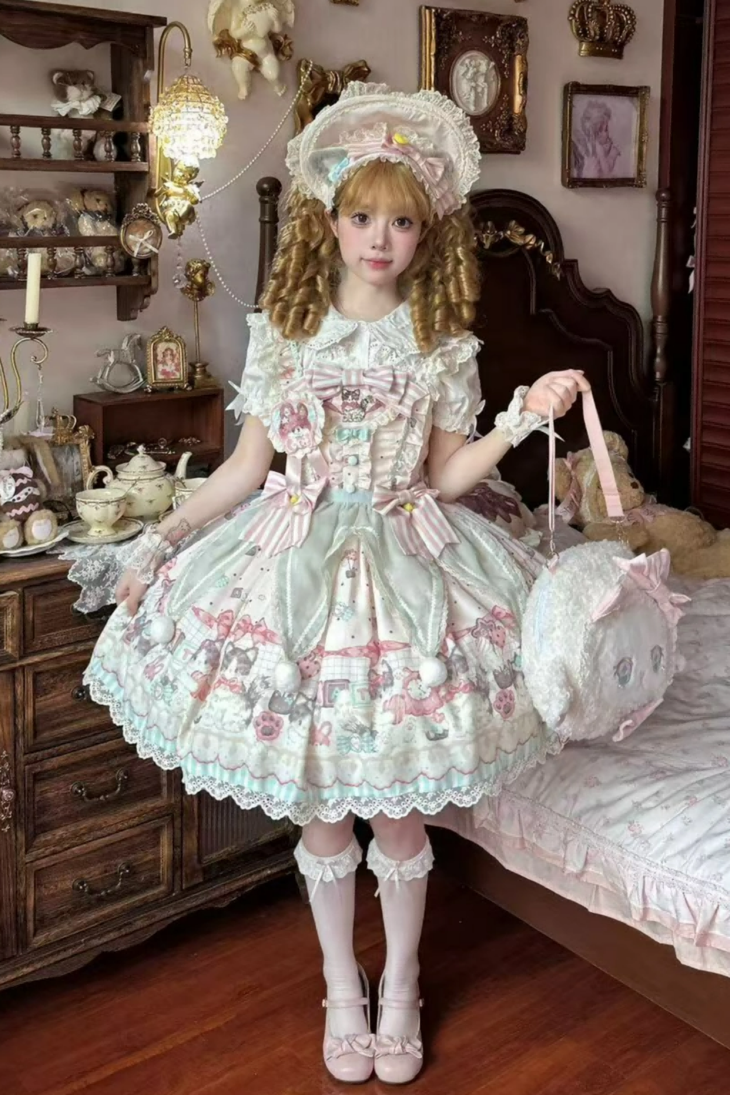 キャビネットロリータジャンパースカート+ドレス+ブローチ+ヘアバンド+ボンネット+エプロン+ハンドスリーブ