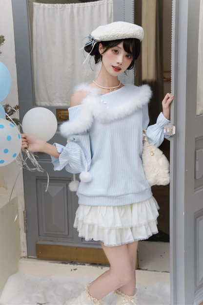 スイートブルーオフショルダーニットトップス