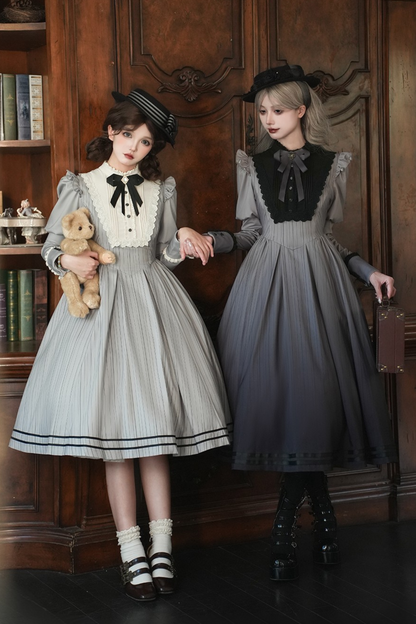 【8月18日予約締切】グレーストライプアンドフォググラデーションクラシカルドレス＋ハット＋ヘアクリップ