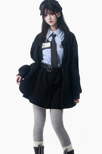 カレッジブルーシャツ+カーディガン+ショートスカート+ロングスカート