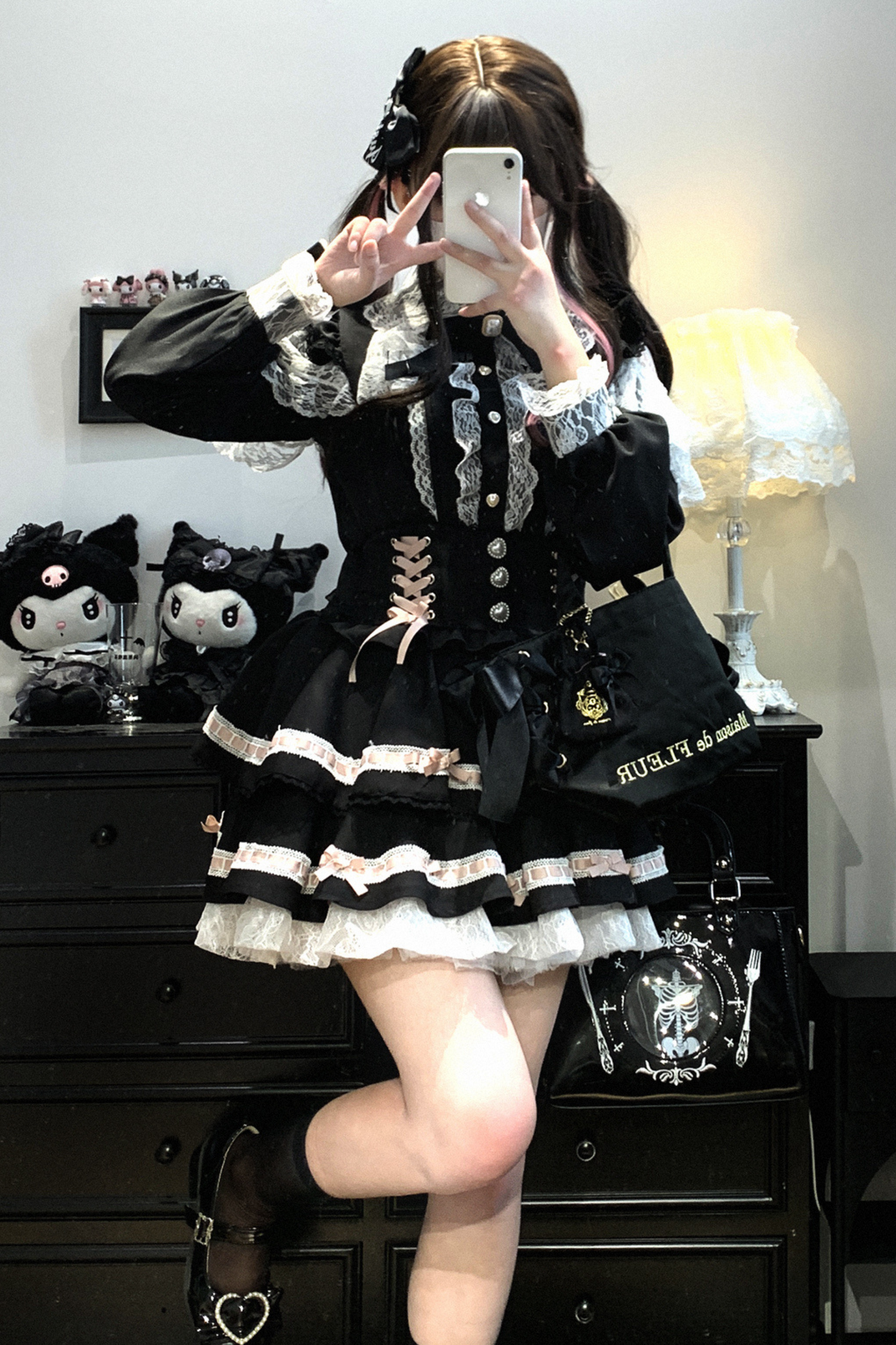 [Pre-order item] Frilled Ribbon Lace-up Suspender Skirt