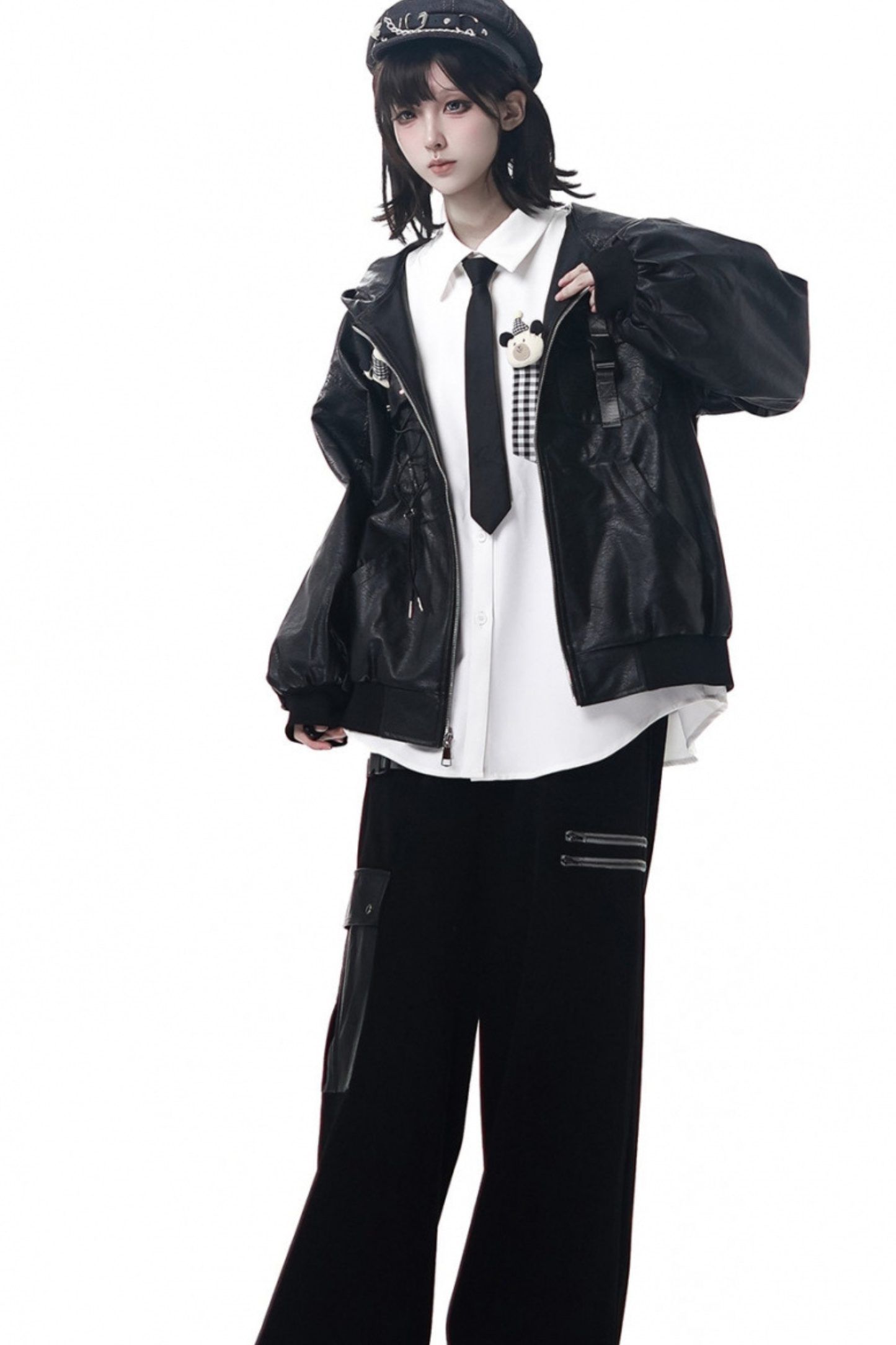 Leather jacket + shirt + long pants + sweatshirt + skirt