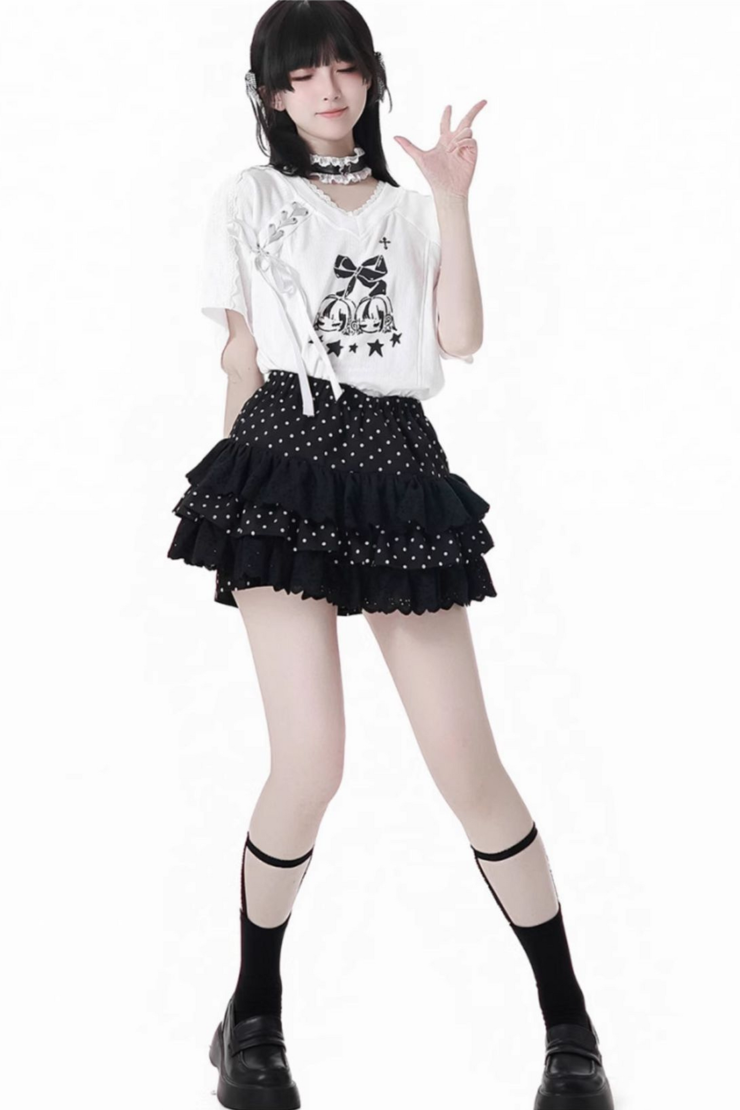 リボンルーズTシャツ+キュロット+アシメスカート