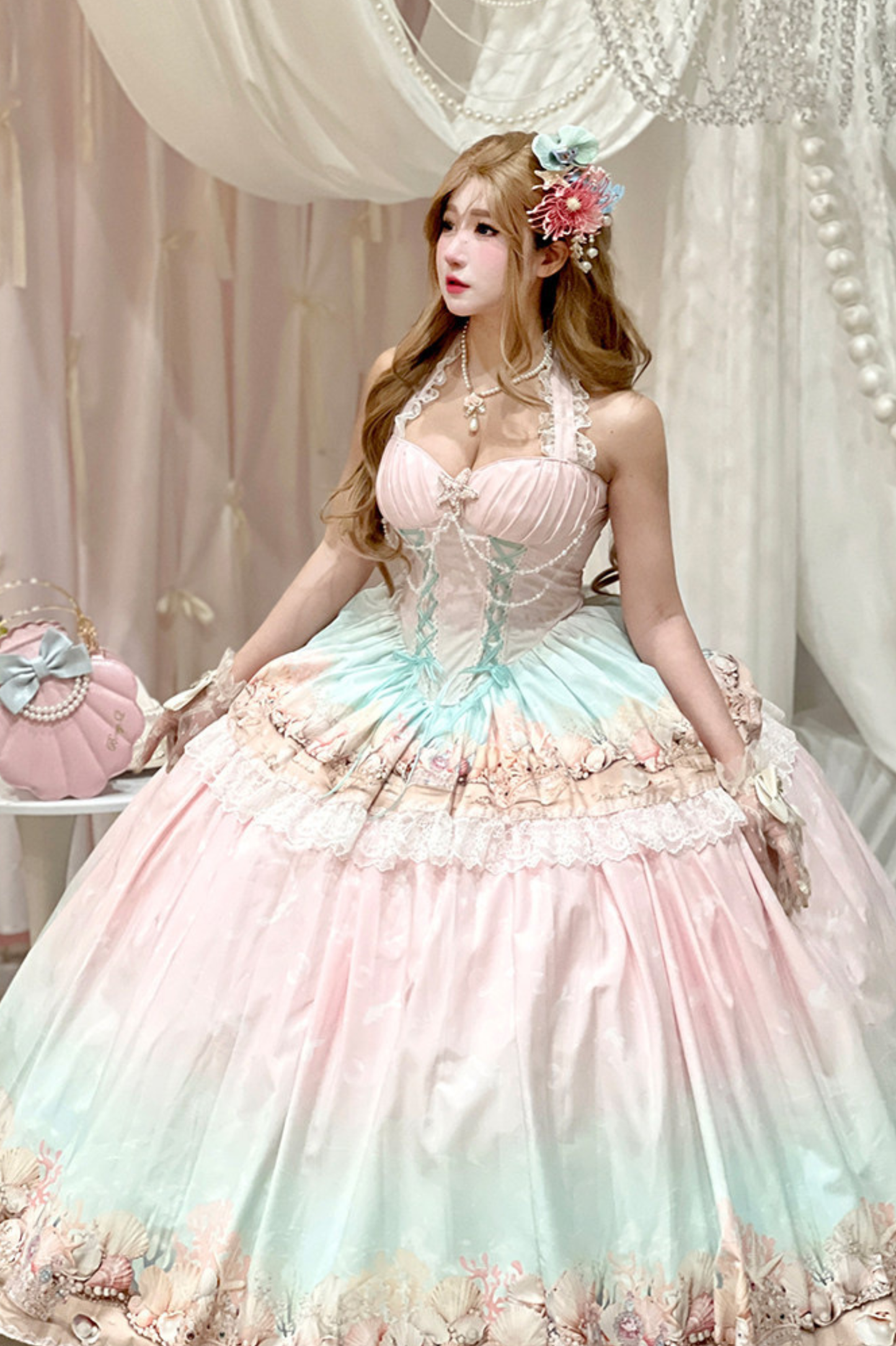 グラデーションバブルハルターネックフレンチドレス+スカート