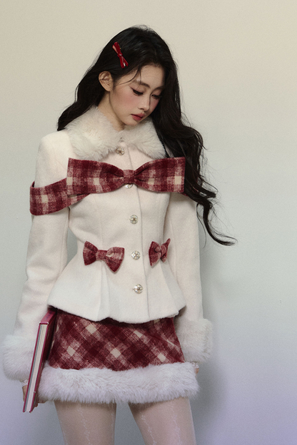 Check Ribbon Coat + Fur Check Skirt