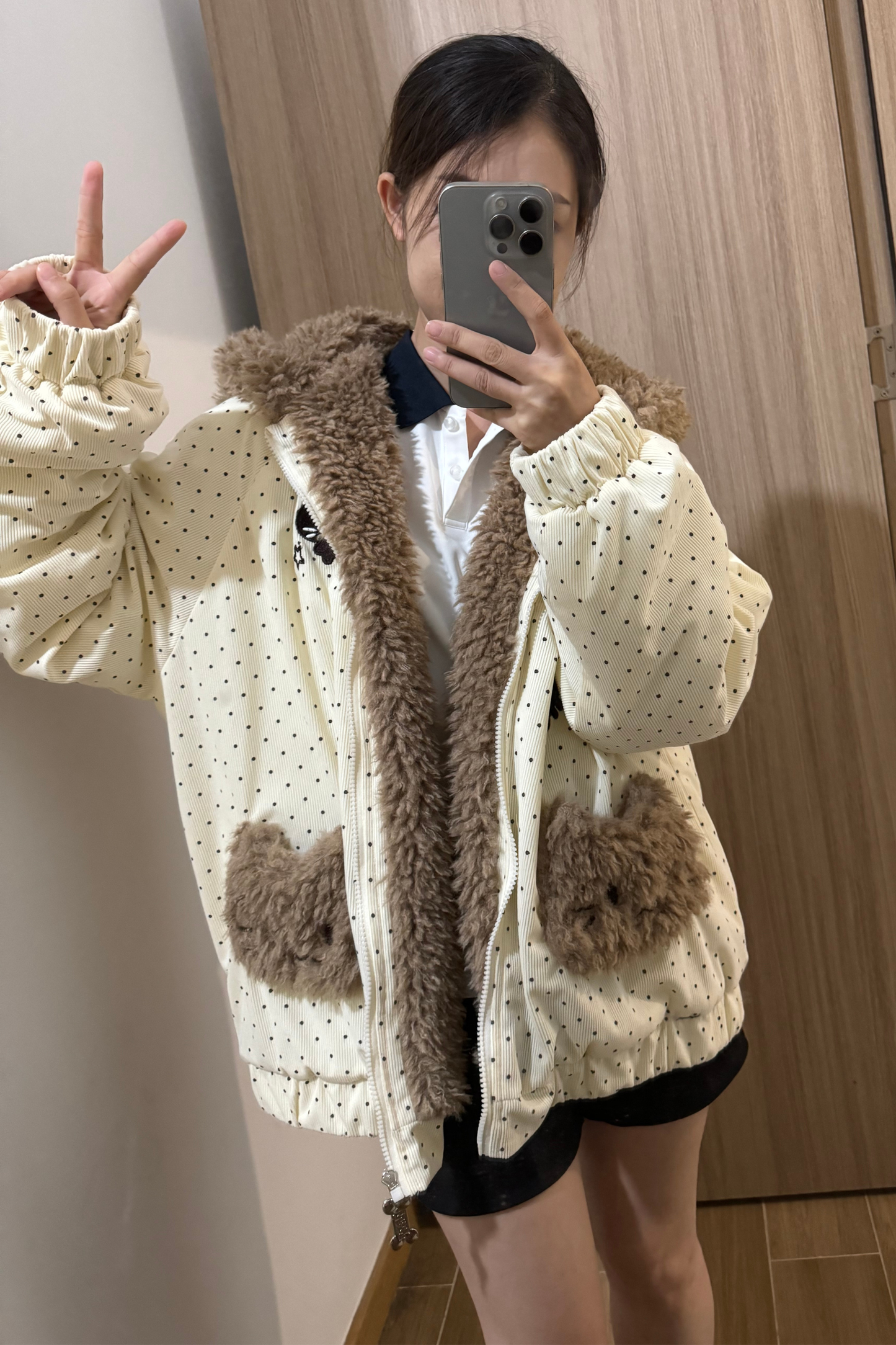 ファーキャットフードドットジャケット