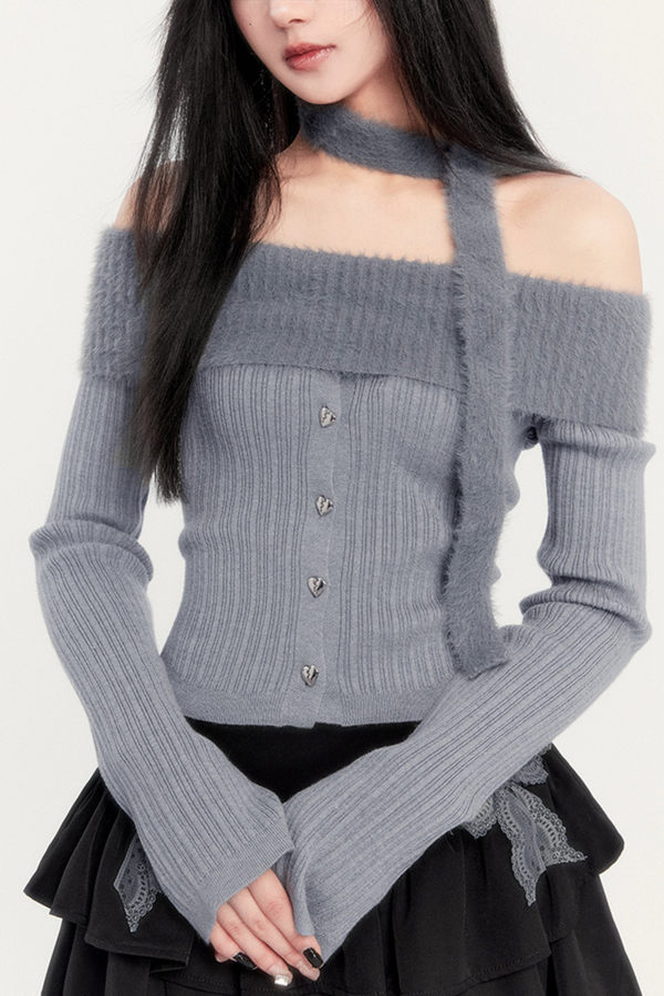 Off-shoulder knit + ribbon cake skirt