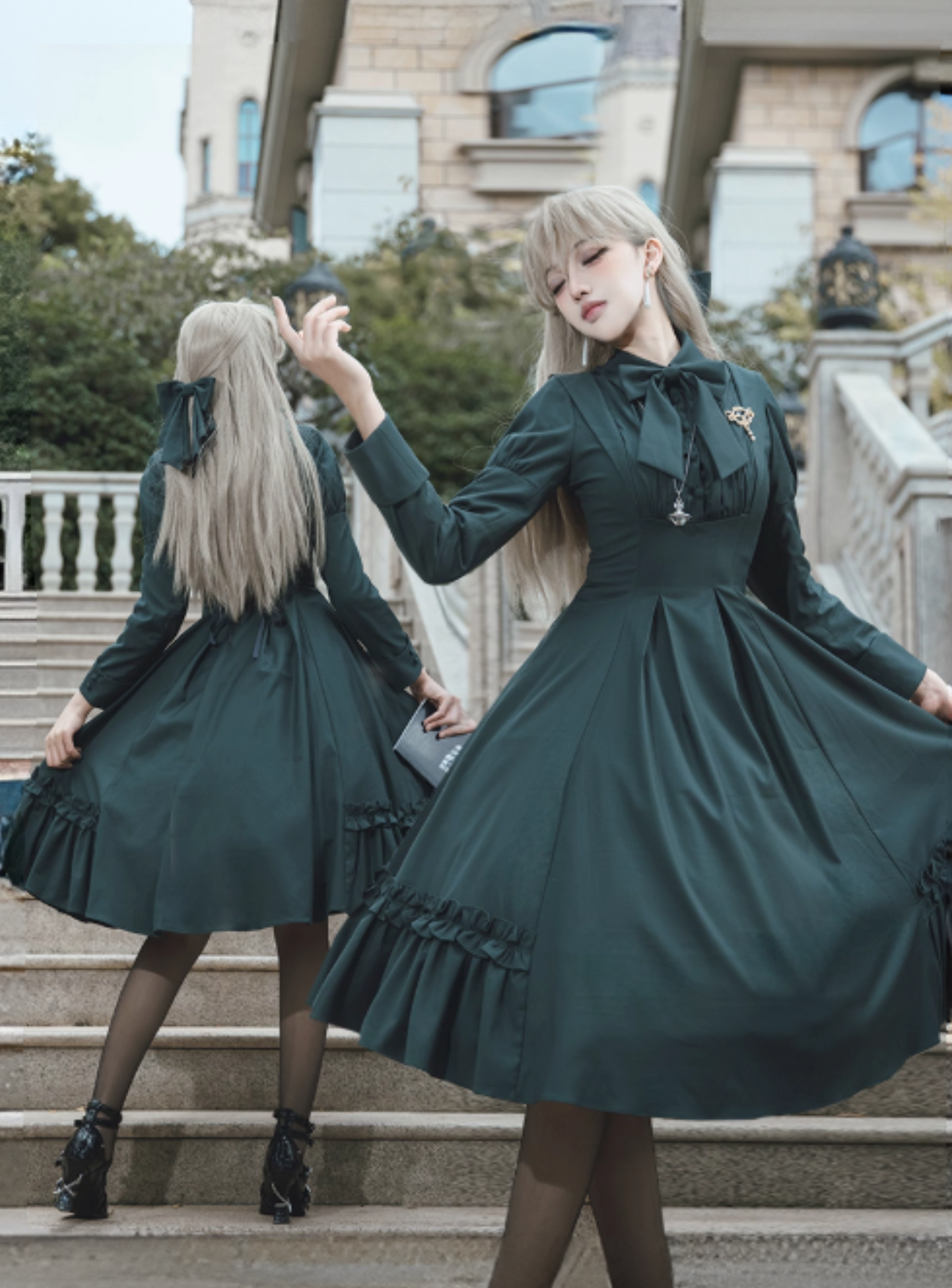 【12月9日予約締切】エレガントロングスリーブフリルリボンドレス