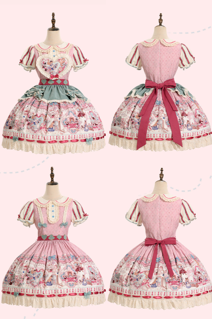 [Pre-order Deadline: July 1] Pink x Green Alice Cat Sweet Lolita Puff Sleeve OP Dress (with Ribbon Apron and Playing Card Motif Waist Belt)