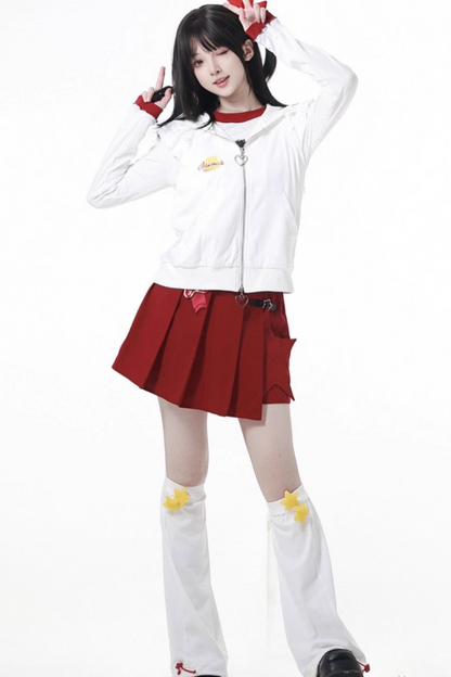 スナックガールフードベスト+トップス+プリーツスカート+レッグウォーマー