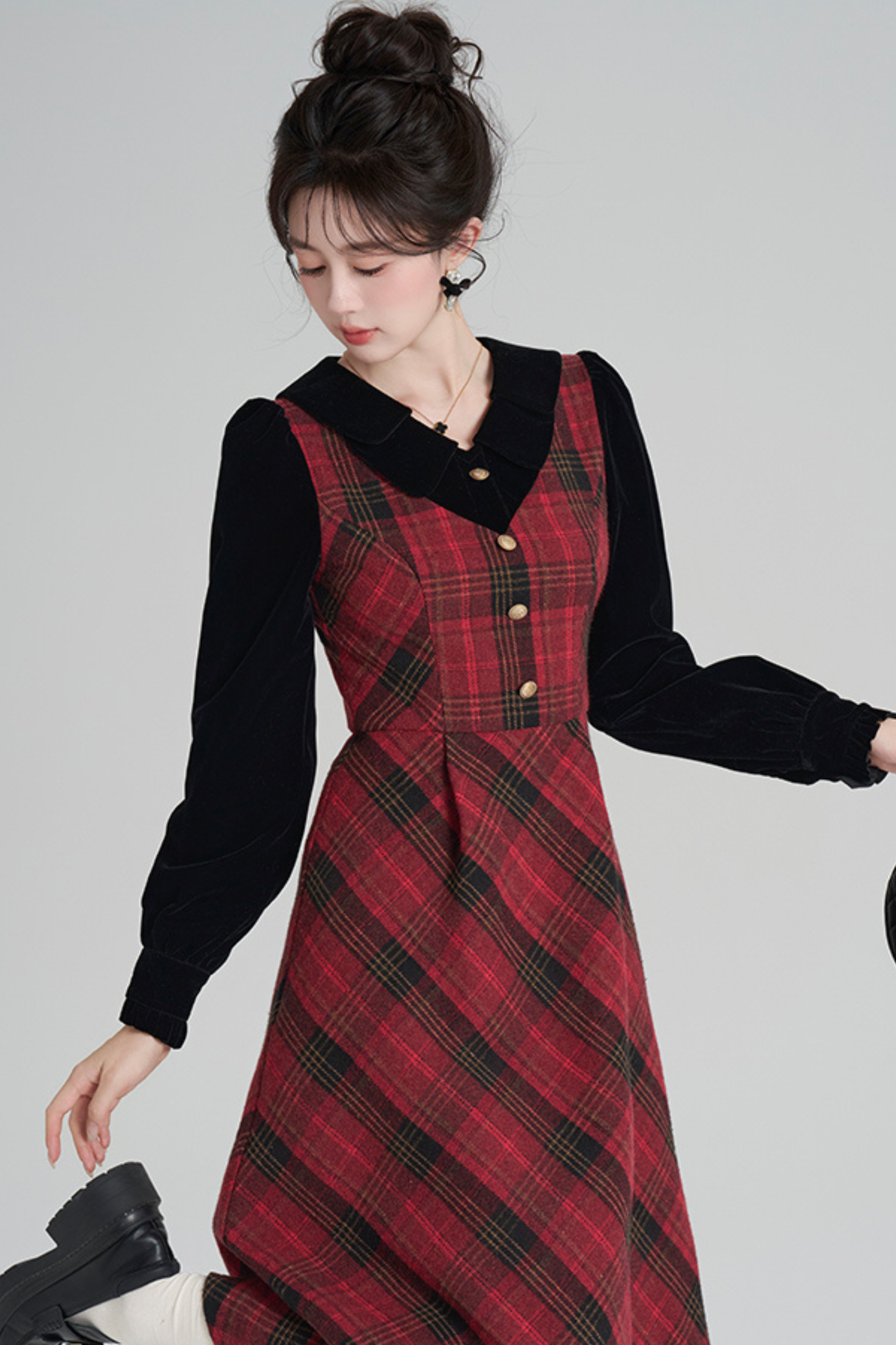 レッドレトロチェックツイードドレス