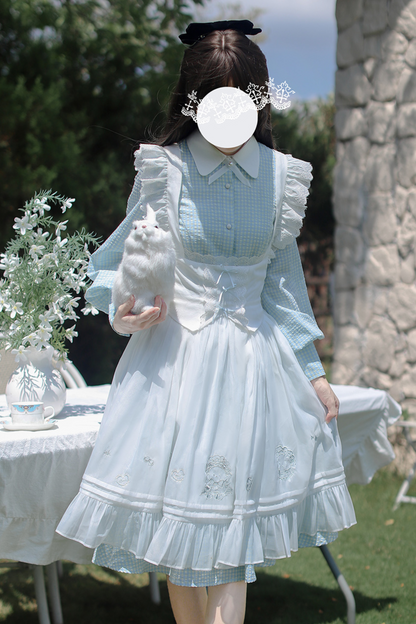 Blue Check French Retro Dress + Frilled Lace Apron