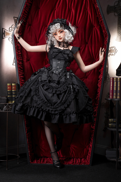 Dark Gothic Ribbon Lolita Dress + Waist Belt + Train + Hairband