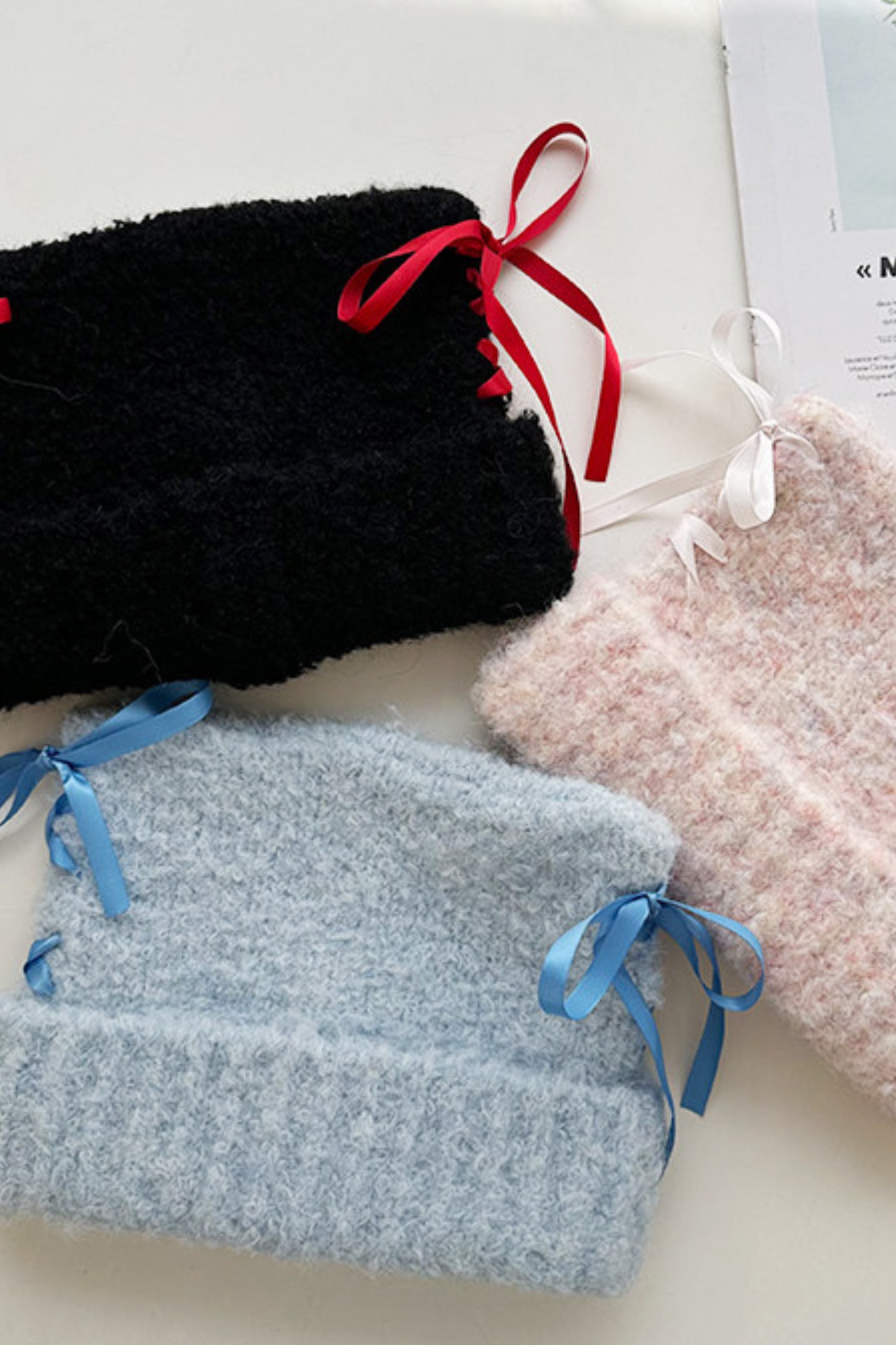 Plush Bow Ribbon Knit Hat