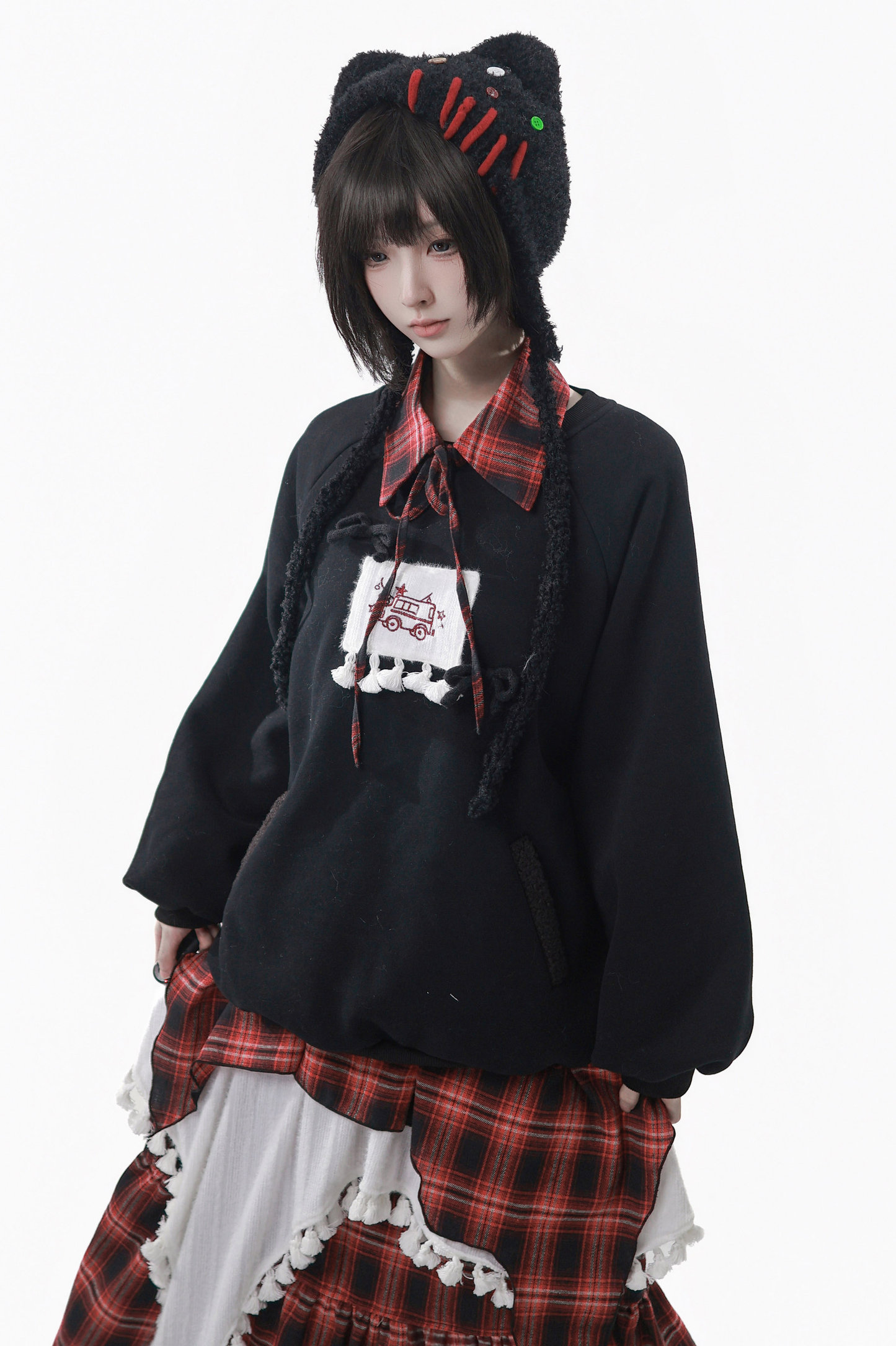 ルーズフリーススウェット+チェックスカート